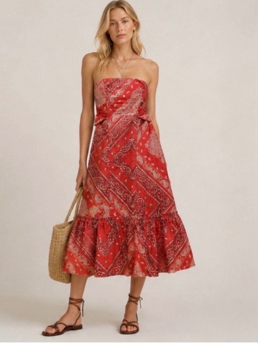 ANTHROPOLOGIE Holding Horses West Stable Red Bandana Strapless Midi Dress 2